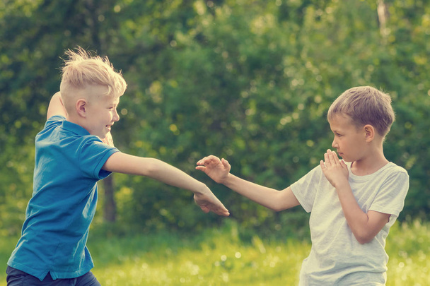 Two blond boys in blue and white T-shirts fighting in the summer park - Photo, image