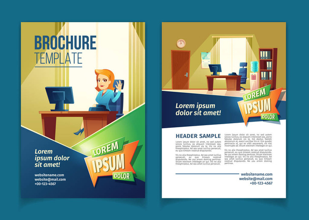 Plantilla de folleto vectorial con oficina de dibujos animados, secretaria
 - Vector, imagen