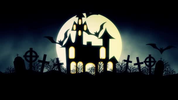 animation of a spooky haunted house with flying bats Halloween - Footage, Video