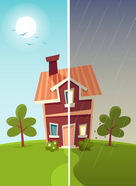 Cartoon House: Sunny and Rainy Weather. Vector Illustration - Vettoriali, immagini