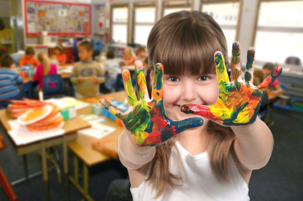School Age Child Painting With Her Hands - Photo, Image