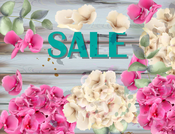 Sale banner with hydrangeas watercolor background Vector. Delicate colorful spring floral decors - Vektori, kuva