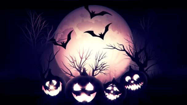 animatie van spooky Jack-o-lantaarn Halloween pompoenen met vliegende vleermuizen met blauwe achtergrond - Video