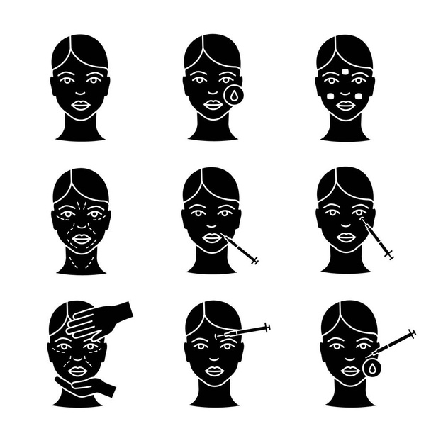 Neurotoxin injection glyph icons set. Face, makeup removal, anesthetic cream, wrinkles, lips, crows feet neurotoxin injection, cosmetologist exam, disinfection. Silhouette symbols. Vector isolated illustration - Wektor, obraz