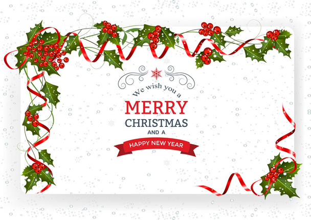 クリスマス装飾と紙の背景。ベリーとリボンで装飾的なクリスマスのお祭りの背景. - ベクター画像