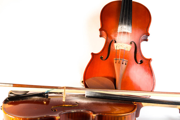 Two brown violins on white background - Foto, Imagen