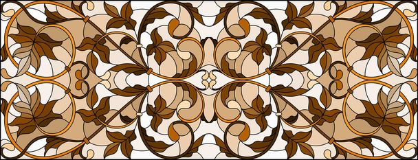 Illustration en vitrail avec fleurs abstraites, tourbillons et feuilles sur fond clair, orientation horizontale, sépia - Vecteur, image