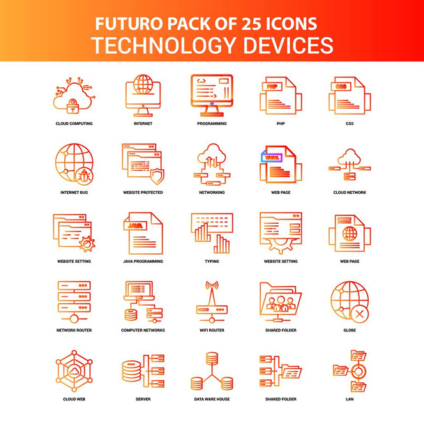 Оранжевый Futuro 25 технологии устройства Икона Set - Вектор,изображение