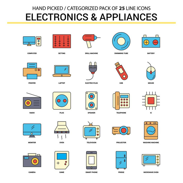 Eletrônica e Eletrodomésticos Conjunto de ícones de linha plana - Design de ícones de conceito de negócios
 - Vetor, Imagem