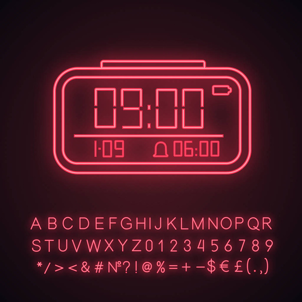 Digital alarm clock neon light icon. Electronic clock. Digital alarm watch. Glowing sign with alphabet, numbers and symbols. Vector isolated illustration - Vettoriali, immagini