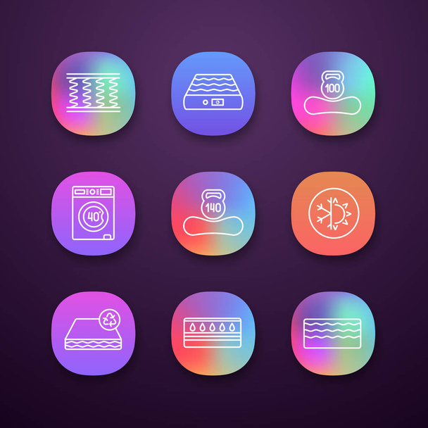 Mattress app icons set. UI/UX user interface. Spring, air, machine washable, dual season, recyclable, water, memory foam mattress with weight limit up to 100 and 140 kg. Vector isolated illustrations - Vecteur, image