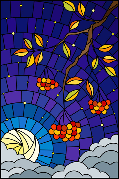 Ілюстрація у вітражному стилі з гілкою горобини, гронами ягід та листям на тлі зоряного неба з місяцем та хмарами, вертикальне зображення
 - Вектор, зображення