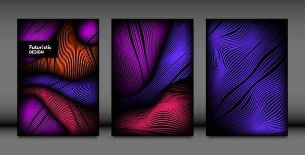 Abstract Wave Shapes. Cover Design Templates Set with Vibrant Gradient and Volume Effect in Futuristic Style. Vector Abstraction with Distorted Lines. Abstract Wavy Shapes for Cover, Magazine, Poster. - Vector, Image
