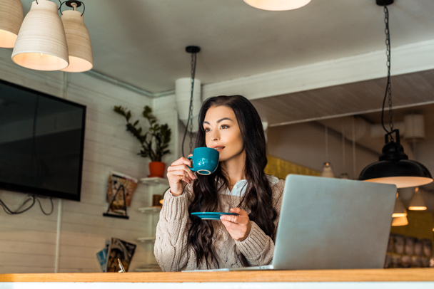 brunette woman in autumn sweater drinking coffee in cafe with laptop - Foto, Imagem