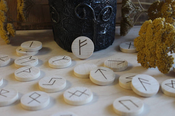 Scandinavian wooden handmade runes Elder Futhark - Photo, Image