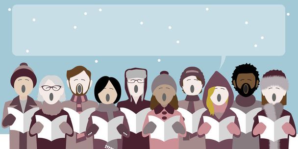 group of christmas carol singers with speech bubble for text - Vector, Image