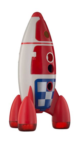 Чайлдс пластиковые ракеты космический корабль изолированы на белом фоне
 - Фото, изображение