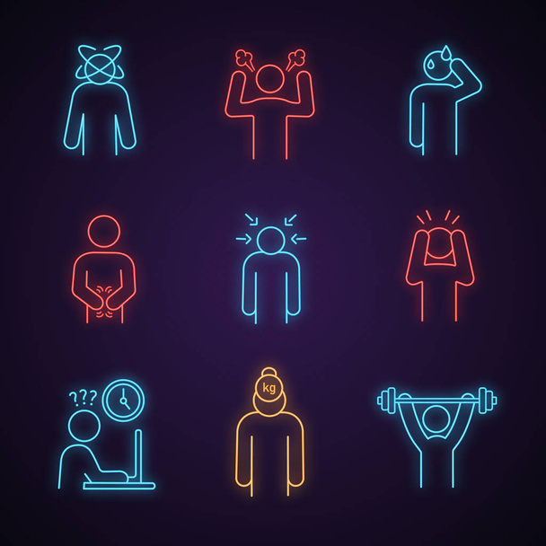 Emotional stress neon light icons set. Dizziness, anger, cold sweat, indigestion, nervous tension, panic attack, work rush, sport exercise, burden. Glowing signs. Vector isolated illustrations - Vector, Image