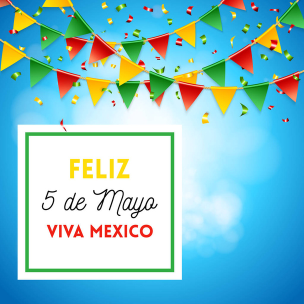 Poster elements with Spanish text reading Happy Cinco de Mayo over blue sky and sunny gradient background with colorful flags - Vector, Image