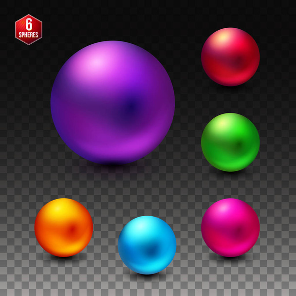 Set of six colorful dimensional spheres with a shiny matte finish in vivid colors - red, purple, green, blue, pink, orange - for use as vector design elements - Vetor, Imagem