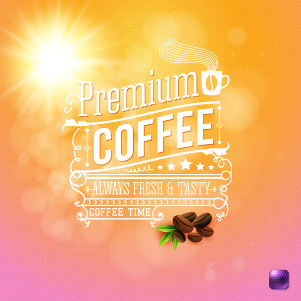 Premium coffee background in orange and pink with beans and small purple square button in corner - Vector, Image
