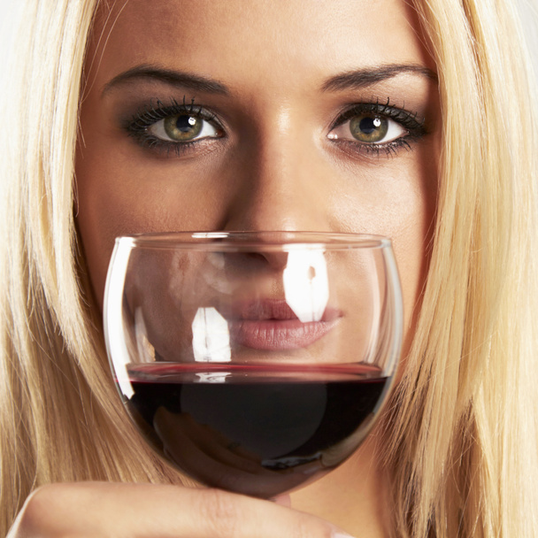 face of beauty blond woman with red wine - Photo, Image