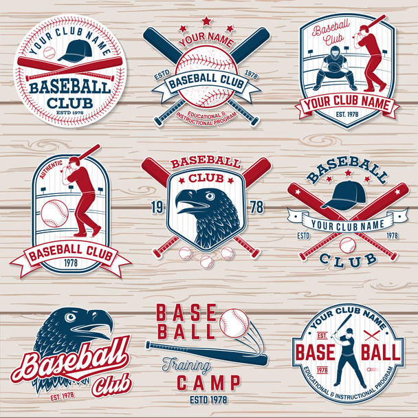 Baseball és softball club jelvény halmaza. Vektoros illusztráció. Ing vagy embléma koncepció, - Vektor, kép