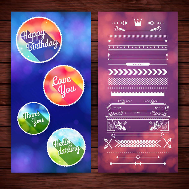 Cheerful design and borders with happy birthday, thank you, love you and hello darling text greetings for cards and posters - Vektor, kép
