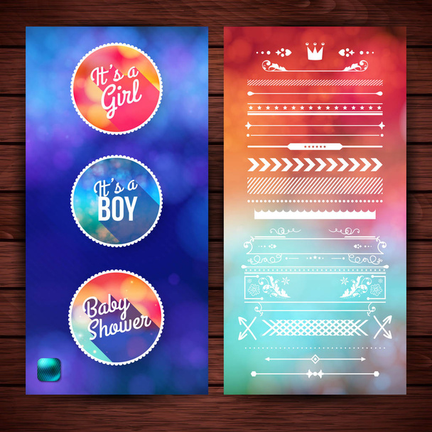 Cheerful badge design and elegant borders with its a girl, boy and baby shower text greetings for cards and posters in blue and red gradient colors - ベクター画像