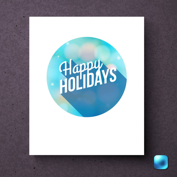 Happy holidays circular badge greeting card template in white rectangle over dark background with blue square button in corner - Vector, imagen