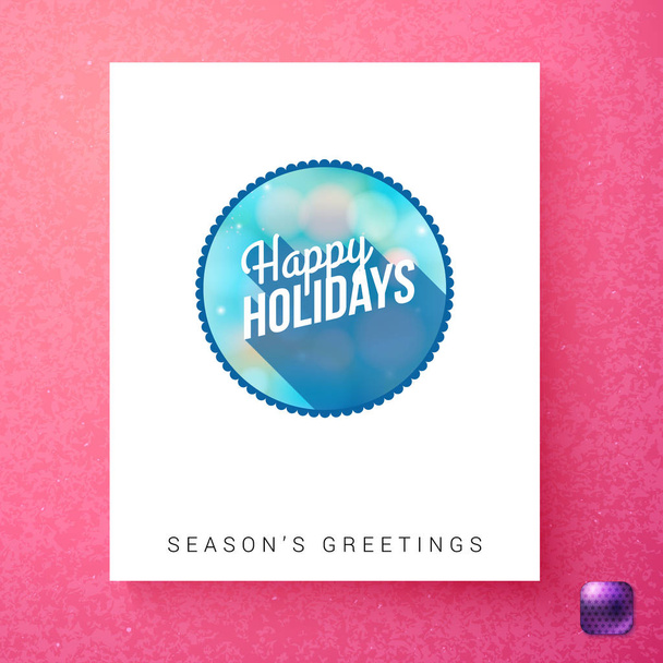 Blue and white happy holidays seasons greetings template in white rectangle over pink background with purple square button in corner - Vector, Image