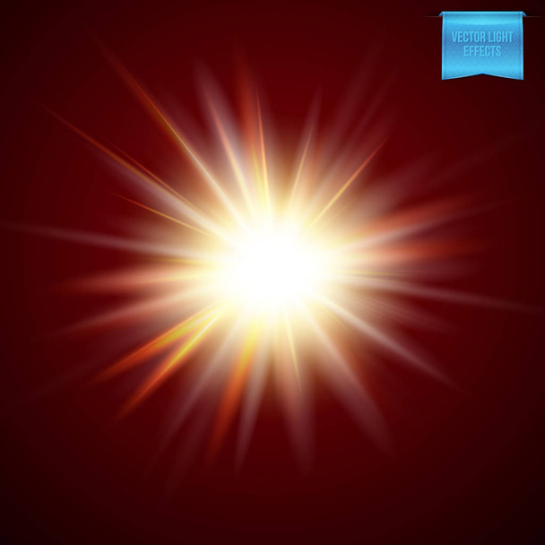 Яркий огненный эффект вспышки звезды с красной сияющей аурой и излучающими лучами на темном фоне, векторная иллюстрация
 - Вектор,изображение