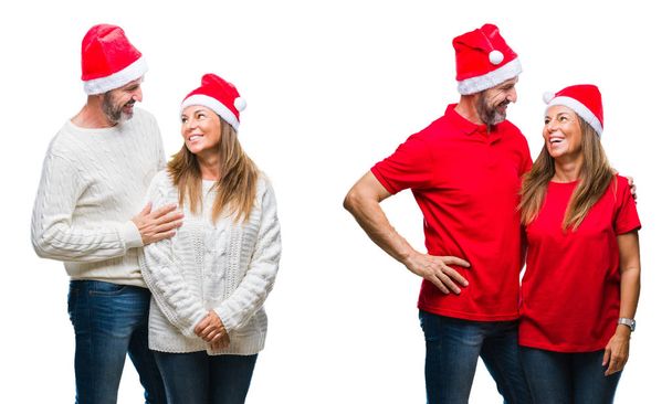 Kolaż ze średnim wieku Starsza para piękny kapeluszu Boże Narodzenie biały na białym tle szczęśliwy i chłodnym uśmiechem na twarzy. Szczęśliwy człowiek. - Zdjęcie, obraz