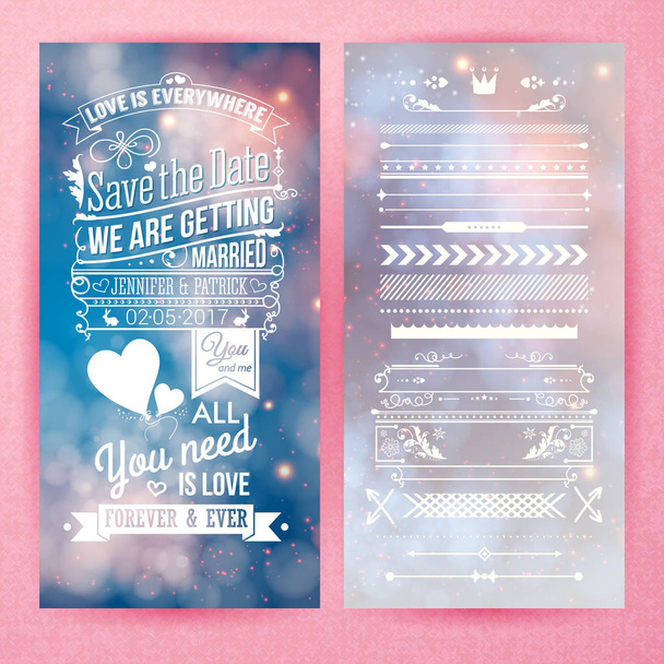Save the date graphics with we are getting married, love is everywhere and all you need is love text beside borders and icons over pink background - Vector, Image