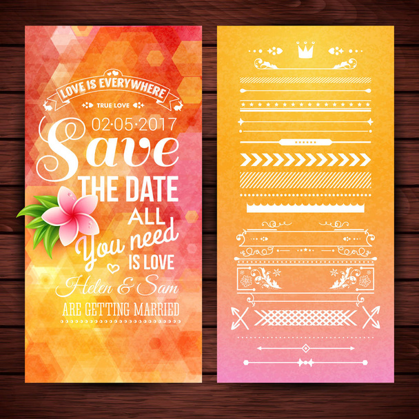 Orange hexagonal rectangular save the date stationery with pink flower, extra icons, frames and borders over wooden background - Vector, Image
