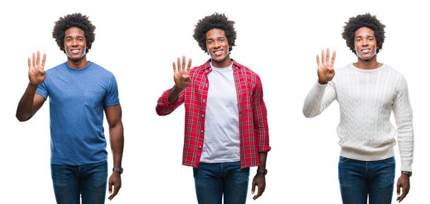Collage van Afro-Amerikaanse jonge knappe man over geïsoleerde achtergrond weergeven en met de vingers omhoog nummer vier terwijl lacht zelfverzekerd en blij. - Foto, afbeelding