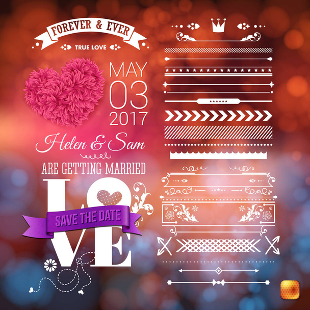 Love is everywhere we are getting married stationery with little heart shapes, assorted frame and border objects over obscured background - Vector, Image