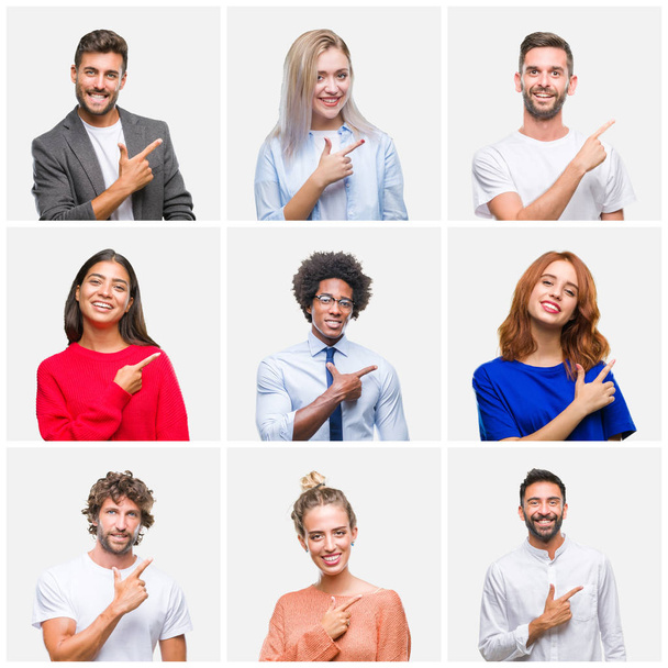 Collage of group of young people woman and men over isolated background cheerful with a smile of face pointing with hand and finger up to the side with happy and natural expression on face looking at the camera. - Valokuva, kuva