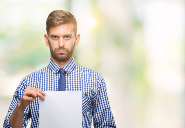 Young handsome man holding blank paper over isolated background with a confident expression on smart face thinking serious - Фото, изображение