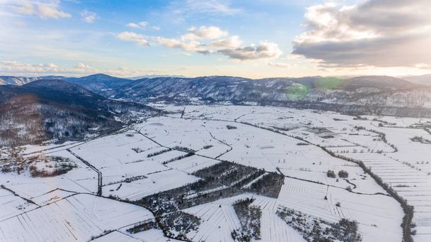 Luchtfoto van sneeuw bedekt landschap. Landbouwgrond van bovenaf. - Foto, afbeelding