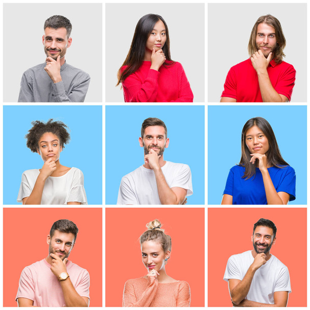 Collage of group of young people over colorful isolated background looking confident at the camera with smile with crossed arms and hand raised on chin. Thinking positive. - Photo, Image