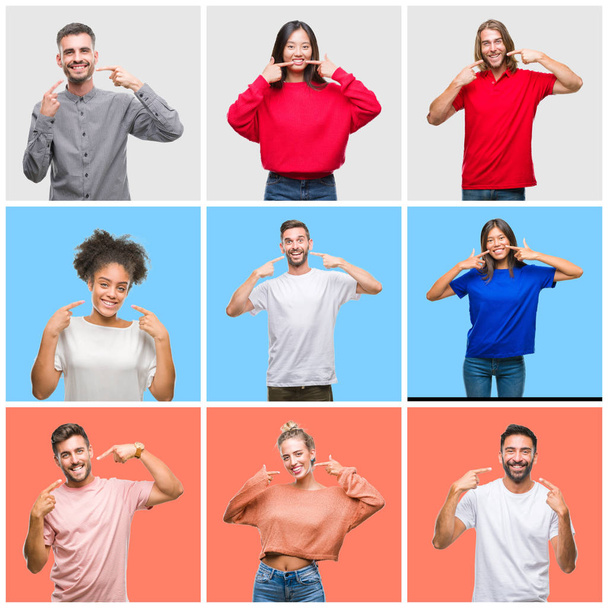 Collage of group of young people over colorful isolated background smiling confident showing and pointing with fingers teeth and mouth. Health concept. - Foto, Imagem