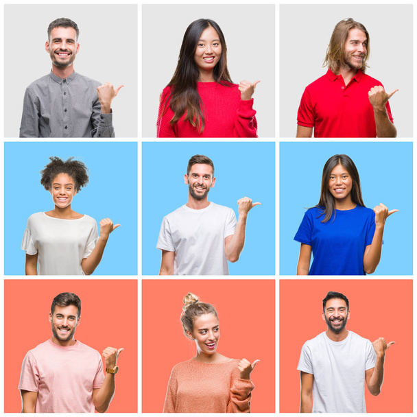 Collage of group of young people over colorful isolated background smiling with happy face looking and pointing to the side with thumb up. - Photo, Image