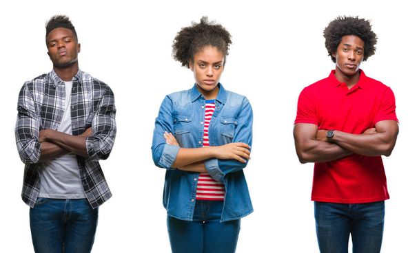 Collage of group african american people with afro hair over isolated background skeptic and nervous, disapproving expression on face with crossed arms. Negative person. - Photo, Image