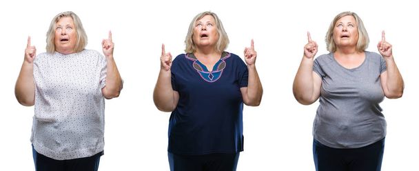 Collage de mujer gorda mayor sobre fondo aislado asombrado y sorprendido mirando hacia arriba y señalando con los dedos y los brazos levantados
. - Foto, imagen