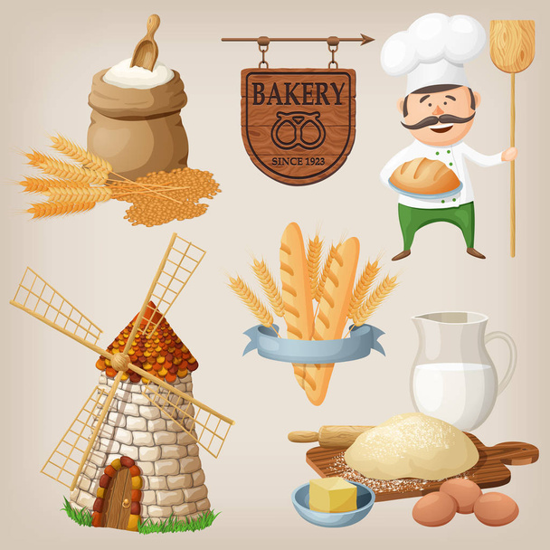 Пекарня готова. Набор персонажей мультфильмов и иконок для оформления продуктов питания
. - Вектор,изображение