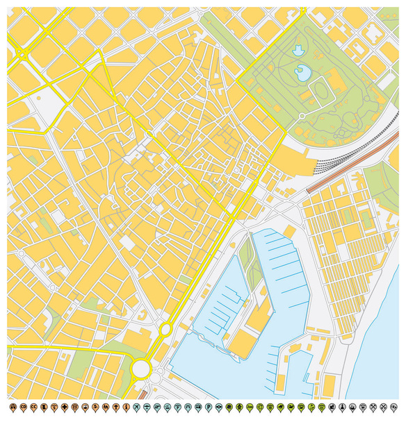 mapa města Barcelona s pin ukazatele a infrastruktury ikony. - Vektor, obrázek