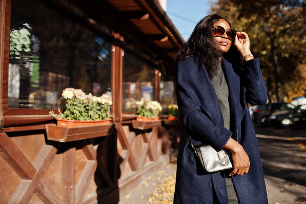 Stylish african american girl in blue coat and sunglasses posed at sunny autumn day. Africa model woman. - Φωτογραφία, εικόνα