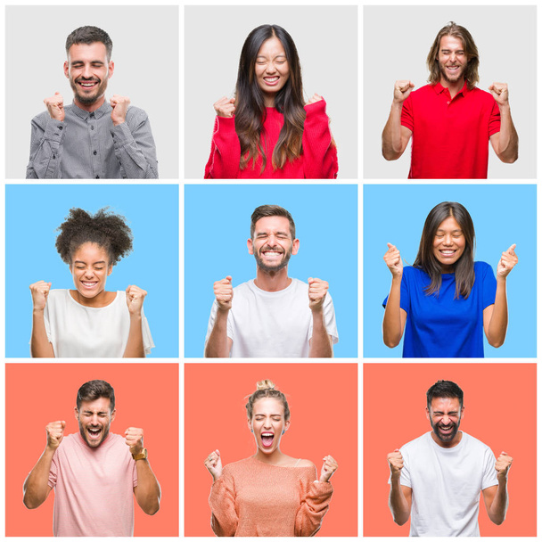 Collage of group of young people over colorful isolated background excited for success with arms raised celebrating victory smiling. Winner concept. - Photo, Image