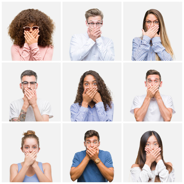 Collage aus einer Gruppe junger Menschen, Frauen und Männer vor weißem isoliertem Hintergrund, schockiert, den Mund versehentlich mit den Händen zu bedecken. Geheimes Konzept. - Foto, Bild